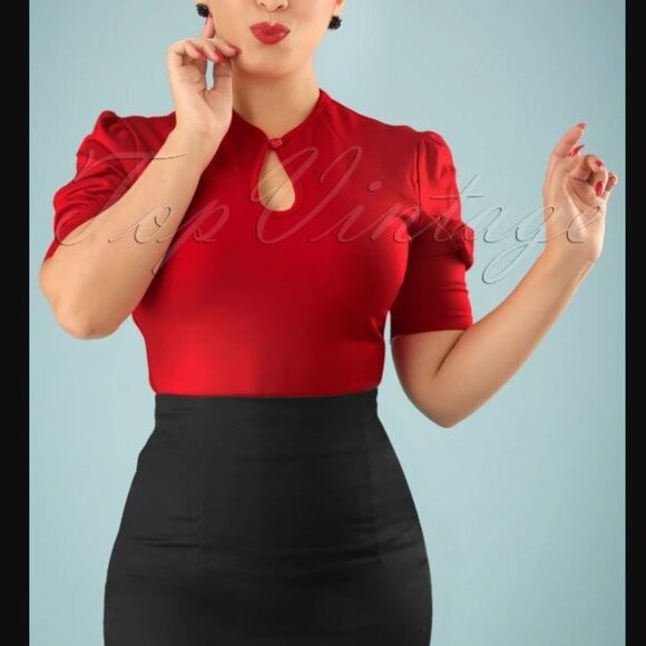 Voodoo Vixen Dita top keyhole puff sleeve bottle green 1950s blouse - Picture 3 of 3